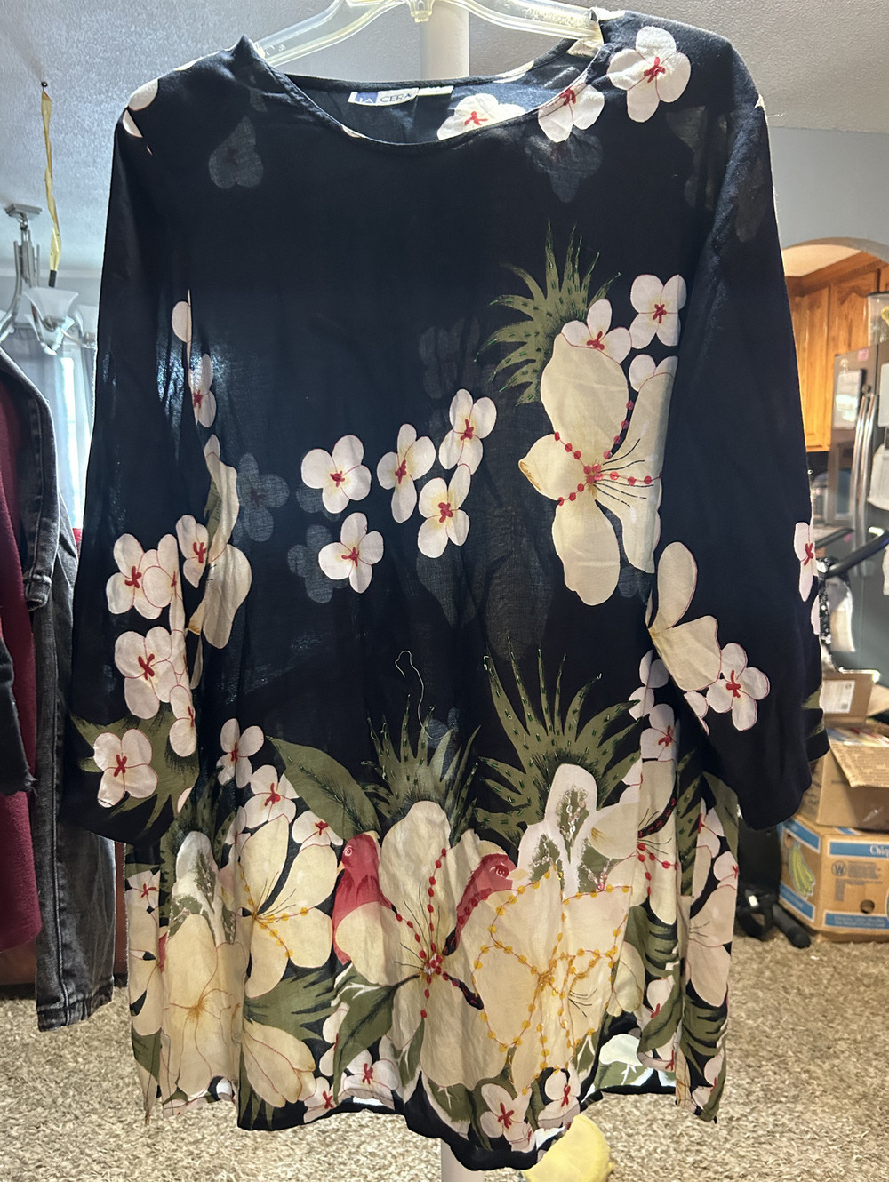 La Cera Black Floral Embellished Tunic Top Size XL